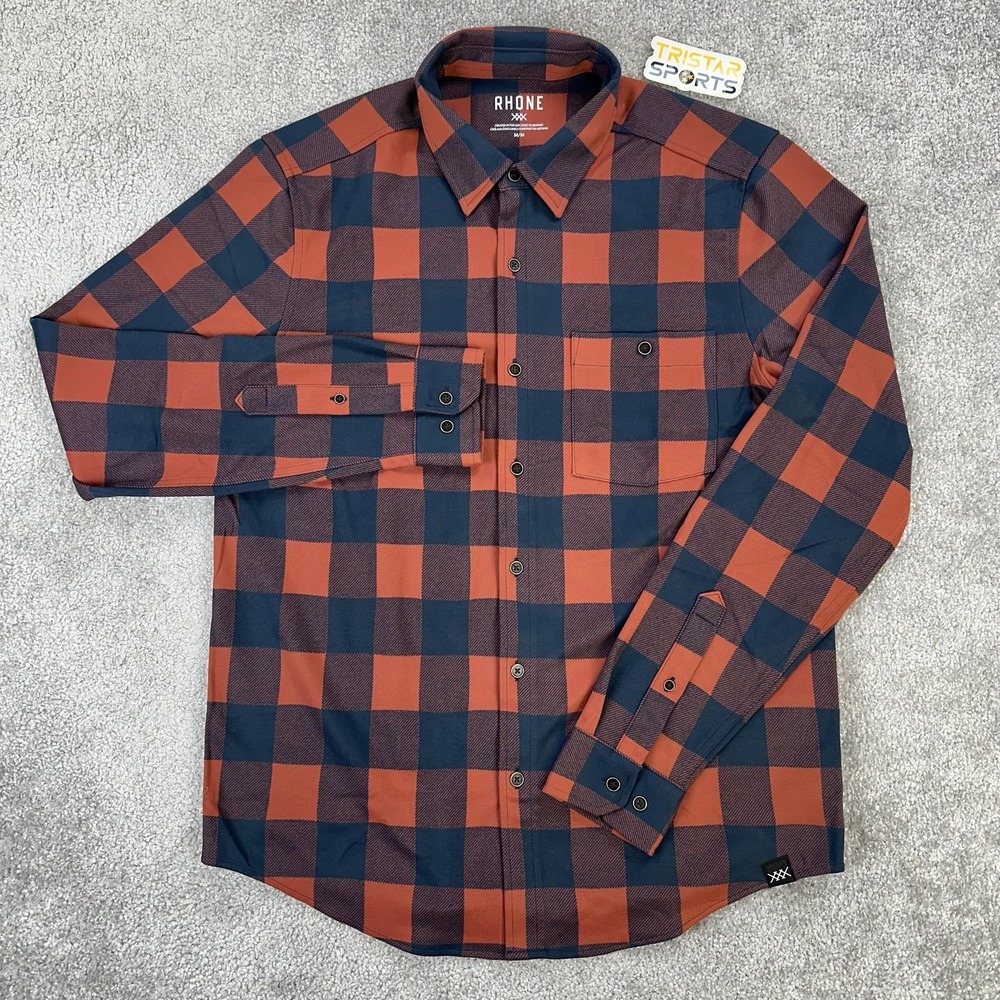 Rhone Hardy Flannel Shirt Mens Medium Brandy Red Buffalo Check Stretch Jacquard